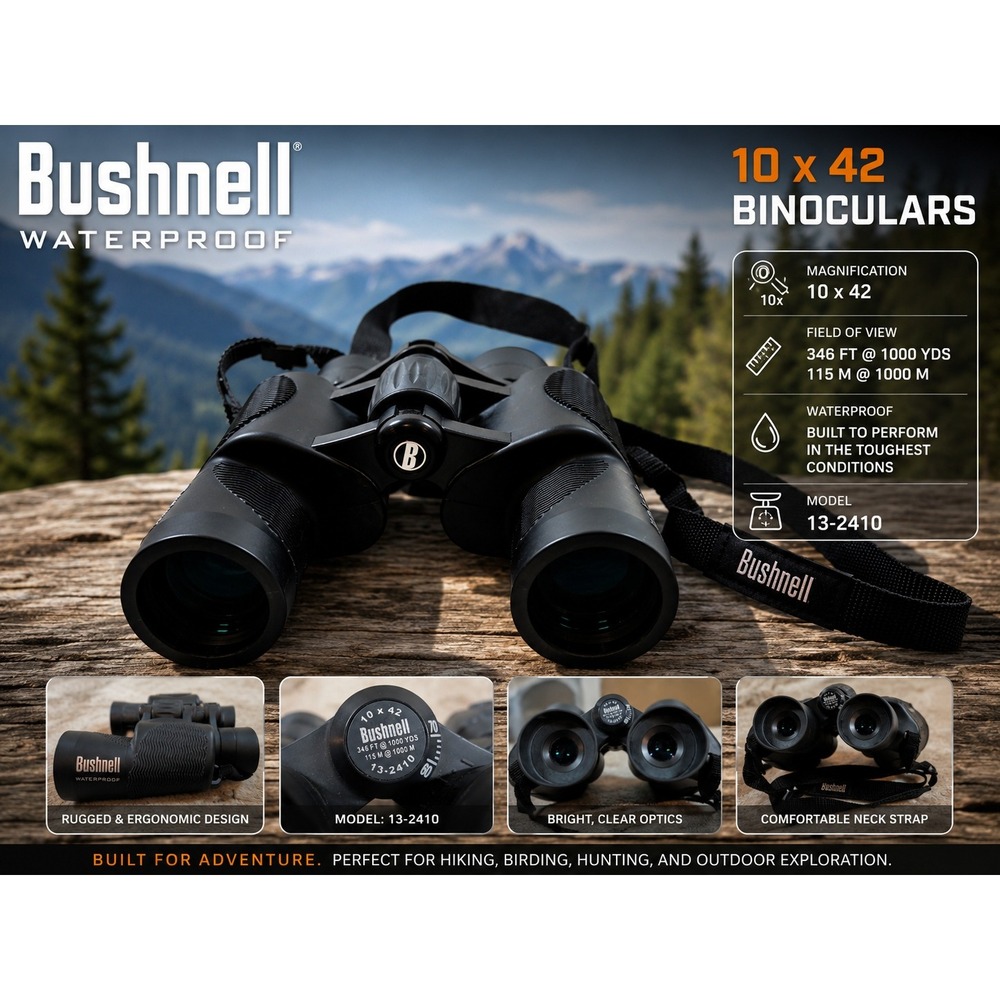 Bushnell 10x42 Waterproof Binoculars Black Model 73-2410 with Neck Strap